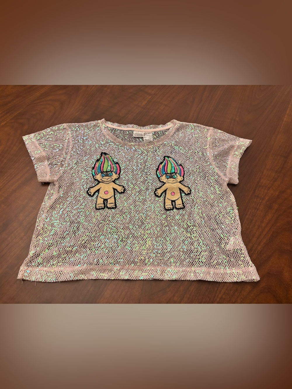 Good Luck Trolls Pink Iridescent Sequin Mesh Crop Top Size Small Y2K